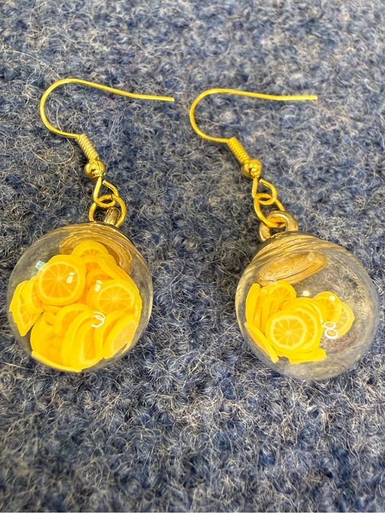 Jewelry - Lemon/orange slices transparent globe drop earrings gold tone fishhook backs